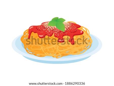 Spaghetti with tomato sauce, parmesan and basil illustration. Plate of spaghetti with tomato sauce, cheese and basil icon isolated on a white background. Pasta clip art