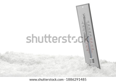 Weather thermometer in snow against white background Royalty-Free Stock Photo #1886291485