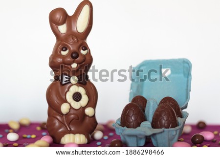 Easter chocolate bunny and egg carton with chocolate eggs against white background