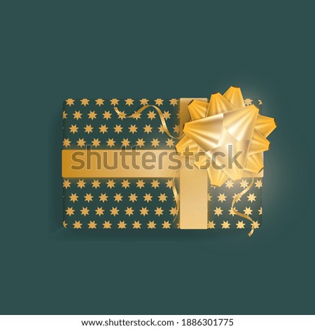 Realistic green gift box with gold stars, gold ribbons and bow. Vector illustration.