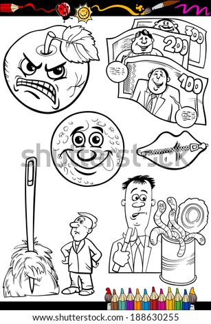 Coloring Book or Page Cartoon Vector Illustration Set of Black and White Proverbs or Sayings for Children