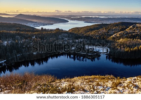 Spectacular viewpoint. Early January in the city mountains in Bergen, Norway