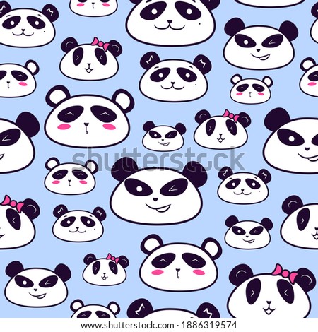 Panda heads seamless pattern for kids clothing. Repetitive background with black and white asian bears with pink ribbons. 