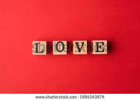 Happy Valentines day concept. Top above close up flatlay view photo of wooden blocks making showing letters love isolated bright color backdrop