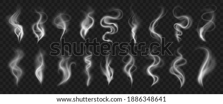 Smoke effect. Realistic traces in air from evaporation and burning. Hot coffee cup steam and cigarette or hookah vapor. Isolated collection of white fog and mist on transparent background, vector set