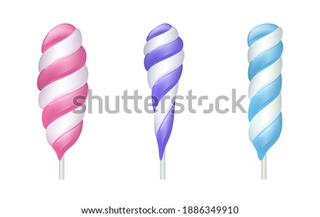 Spiral lollipop. Cartoon sweet lolly candies. Collection of swirl bonbon on stick with stripes in white and pink, purple or blue colors. Isolated confectionery, unhealthy sugary food, vector flat set