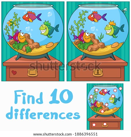 Funny fish in the aquarium. Find 10 differences. Educational game for children. Cartoon vector illustration. Royalty-Free Stock Photo #1886396551
