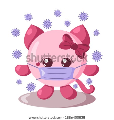 Funny cute kawaii cat with round body and protective medical face mask surroundet by viruses in flat design with shadows. Isolated vector illustration