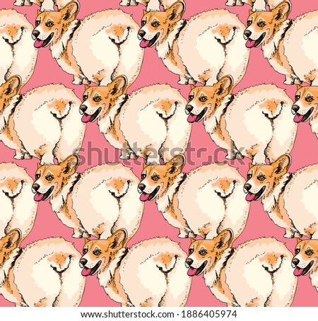 Seamless wallpaper pattern. Portrait of a cute Dogs. Funny Welsh Corgi in a different poses. Humor textile composition, hand drawn style print. Vector illustration.