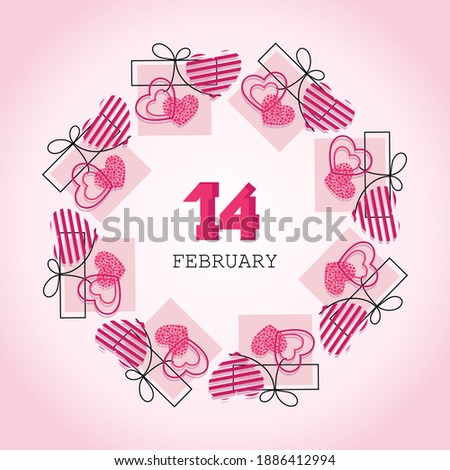 Valentines Day. Festive gift. 14 FEBRUARY. Greeting card, frame with hearts and gifts. Design for holiday discounts and sales. Vector illustration. 