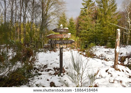 Road sign in the forest of Hoge Venen (Hautes Fagnes), Belgium, with snow around