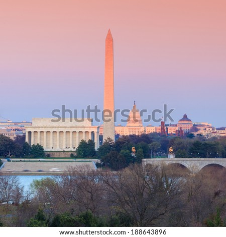 Washington DC skyline including Lincoln Memorial, Washington Monument and United States Capitol building