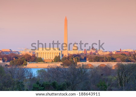 Washington DC skyline including Lincoln Memorial, Washington Monument and United States Capitol building
