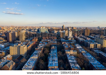 Aerial view of the Brooklyn skyline across Prospect Heights in Brooklyn, New York.