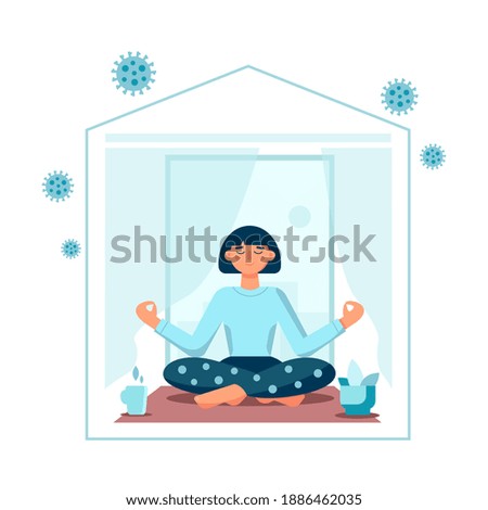 Stay home concept. Girl in meditation yoga in pose Lotus at home isolated on white background. Quarantine isolation during a coronavirus pandemic. Vector flat illustration. design for banner, flyer