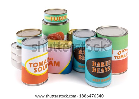 a collection of generic labelled food tins or cans, tomatoes, beans, tuna and soup isolated on white Royalty-Free Stock Photo #1886476540