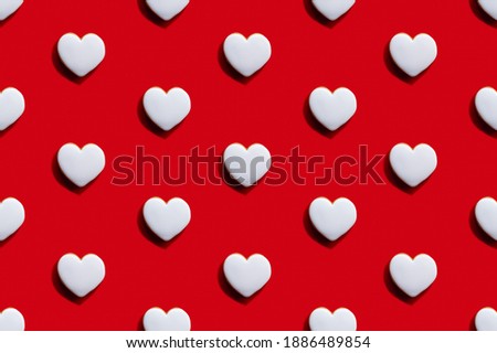 Heart pattern. Red seamless background. Women Day. White love symbol romantic ornament minimalist symmetrical composition isolated on bright.