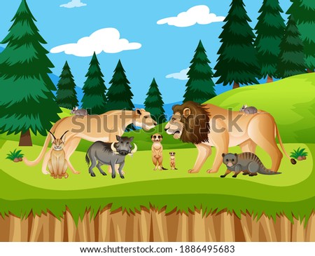 Group of wild african animal in the forest scene illustration