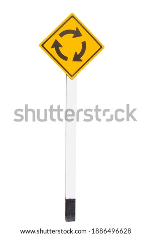 Yellow traffic sign "traffic circle" isolated on white background.