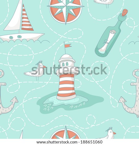 Nautical seamless pattern with a lighthouse, wind rose, message bottle, yacht and anchor. EPS 10. No transparency. No gradients.