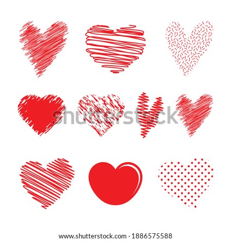Hand drawn heart icon set. Line art and texture love icon for valentine's day