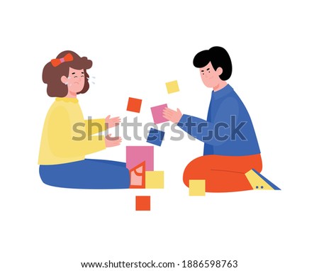 Kindergarten or preschool children playing toy blocks, flat cartoon vector illustration isolated on white background. Kids education and learning games concept.