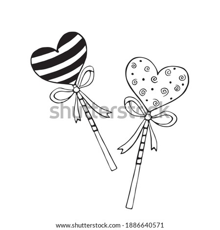 Vector outline heart shape lollipop gingerbread on stick with bow. Hand drawn contour doodle clip art. For Valentine's Day, confectionery shop decoration, food illustration. Love sweet candy