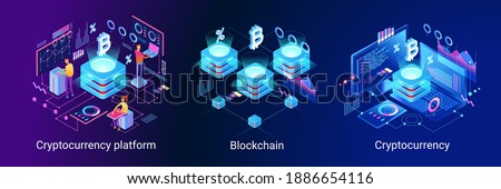 Blockchain technology. Cryptocurrency marketplace of bitcoin mining farm in smart city. Digital cloud network for crypto currency.. Modern 3d isometric vector illustration of web page.  Design concept Royalty-Free Stock Photo #1886654116