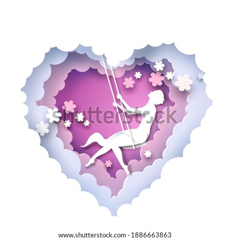 Paper cut craft style heart with young woman silhouette swinging on swing, vector illustration. Romantic girl. Valentine Day greeting card.