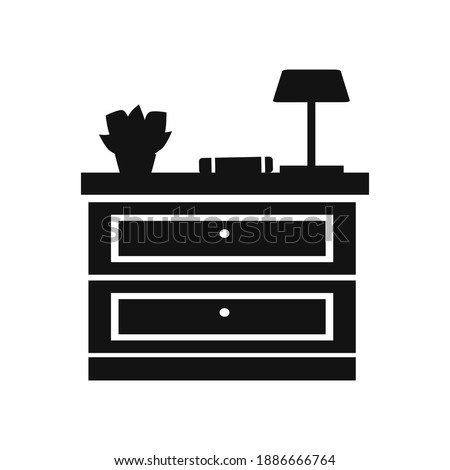 Simpli icon of nightstand with books, home plant and lamp. vector illustration