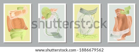 Painted creative posters vector collection. Watercolor blots backgrounds. 50s style design. Cool artwork templates. Doodle elements.
