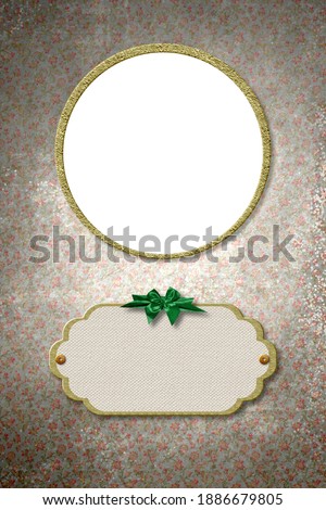 Vertical background with golden round frame to put photo and label for name and date of birth, vintage style, vertical image.