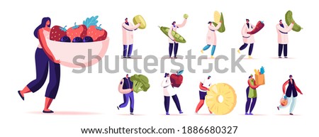 Set of Male and Female Characters Eating Healthy Food. Men and Women with Fruits and Vegetables Source of Energy and Health, Vegetarian Diet Isolated on White Background. Cartoon People Illustration