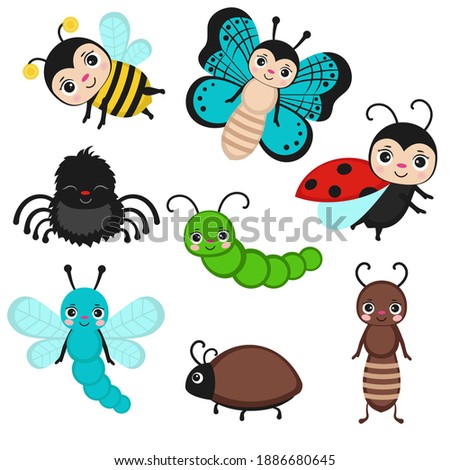 Set of cute cartoon insects isolated on white. Fly bug, cute butterfly and beetle. Funny garden animals. Vector illustration.