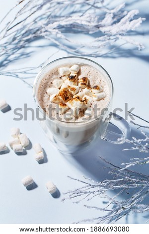 Glass mug with hot chocolate or cocoa with marshmallow on light blue background with snow-covered branches. Winter background or greeting card. Hygge concept