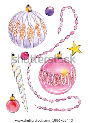 Hand drawn watercolor Christmas tree toys collection, Christmas tree decorations set