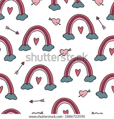 cute Valentine's day seamless pattern with doodles for holiday wrapping paper, textile prints, wallpaper, backgrounds, etc.