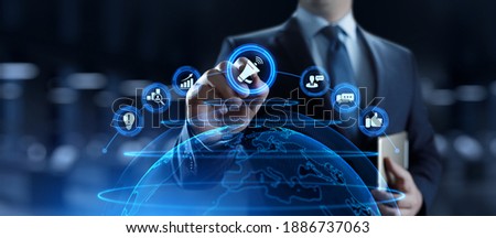 Advertising Advertising PR Public relations concept. Businessman pressing button on screen. Royalty-Free Stock Photo #1886737063