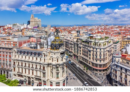 Madrid, Spain. Aerial view of Gran Via, main shopping street in Madrid. Royalty-Free Stock Photo #1886742853