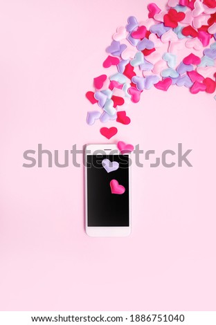Vertical romantic theme mobile wallpaper. Valentine's Day banner 2021. 14 February date. Love messages. Chat for lovers. Online dating composition with hearts and likes. Social media likes concept