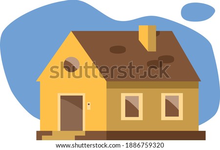 Yellow brown house flat icon with a blue sky, chimney stovepipe, windows, stairs, ring bell, bricks. Ideal for sale, realtor card, banner, poster. 