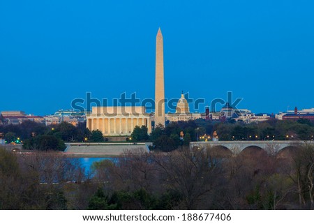 Washington DC skyline including Lincoln Memorial, Washington Monument and United States Capitol building at twilight
