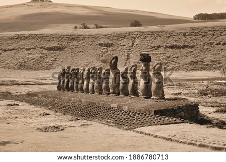 The fifteen Moai of the Easter Island in the Pacific Ocean, Chile.