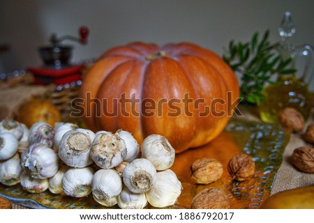 composition of fresh pumpkin, walnut, garlic and olive oil