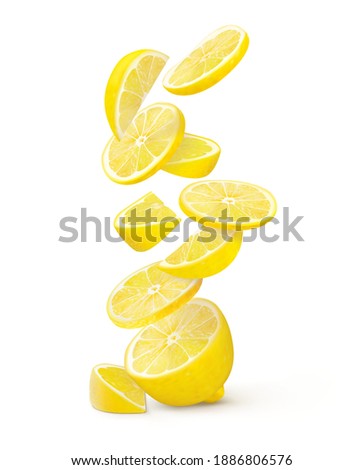 Half lemon with a slice and falling flying slices on a white background. vector illustration Royalty-Free Stock Photo #1886806576