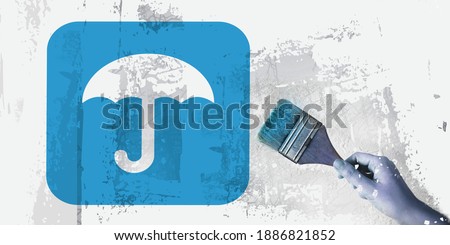 Umbrella in blue and paintbrush. Safety, minimal risks in investment business or insurance concept. Or do not wet on object