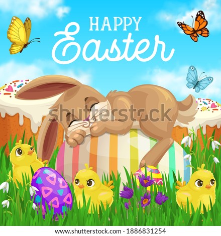 Easter bunny sleeping on egg vector greeting card with green grass, chicks, Easter sweet cakes and spring flowers, butterflies, blooming crocuses and lily of the valley. Resurrection Sunday holiday Royalty-Free Stock Photo #1886831254