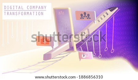 Digital transformation of company.Digital Marketing.Company is moving into cyber space.Online technologies and companies. 3d. Realism. Futuristic train. Cartoon. Copy space. White background. Royalty-Free Stock Photo #1886856310
