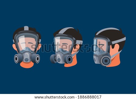 Man wearing full face respirator mask. protective equipment for gas and dust pollution symbol icon set concept in cartoon illustration vector Royalty-Free Stock Photo #1886888017