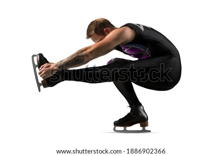 Sit spin. Man figure skating in action isolated on white background